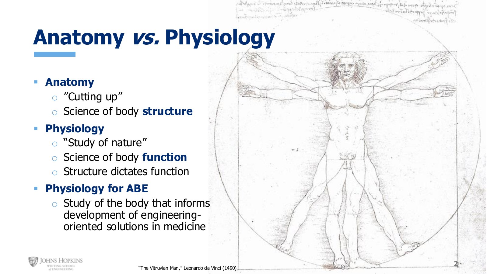 Slide 2: Anatomy against physiology, and why an engineering course studies the body at all.