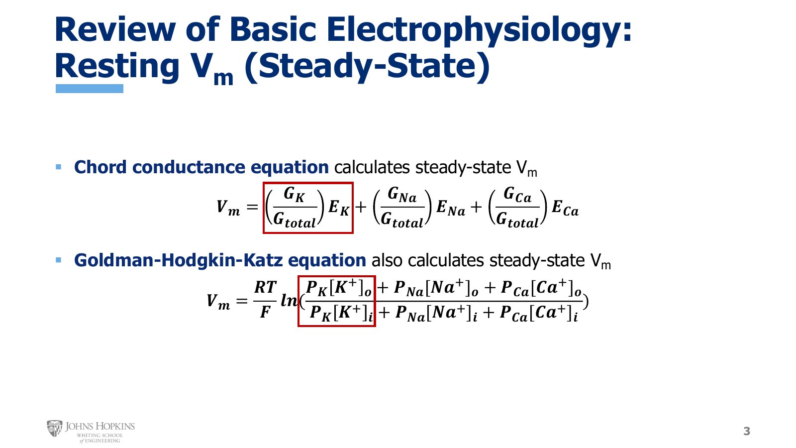 Slide 3: The chord conductance and Goldman-Hodgkin-Katz equations, with the potassium term boxed in each.